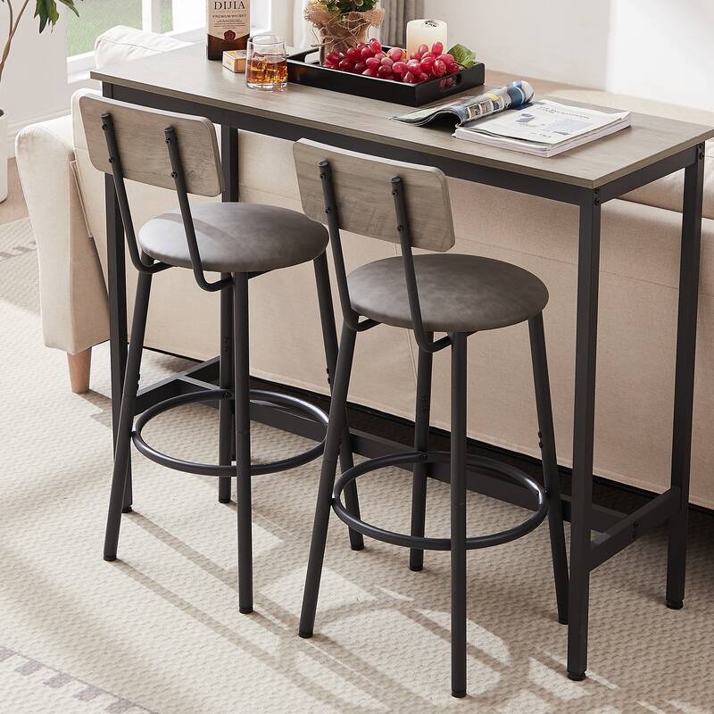 Bar Table Set with 2 Bar stools PU Soft seat with backrest, Grey