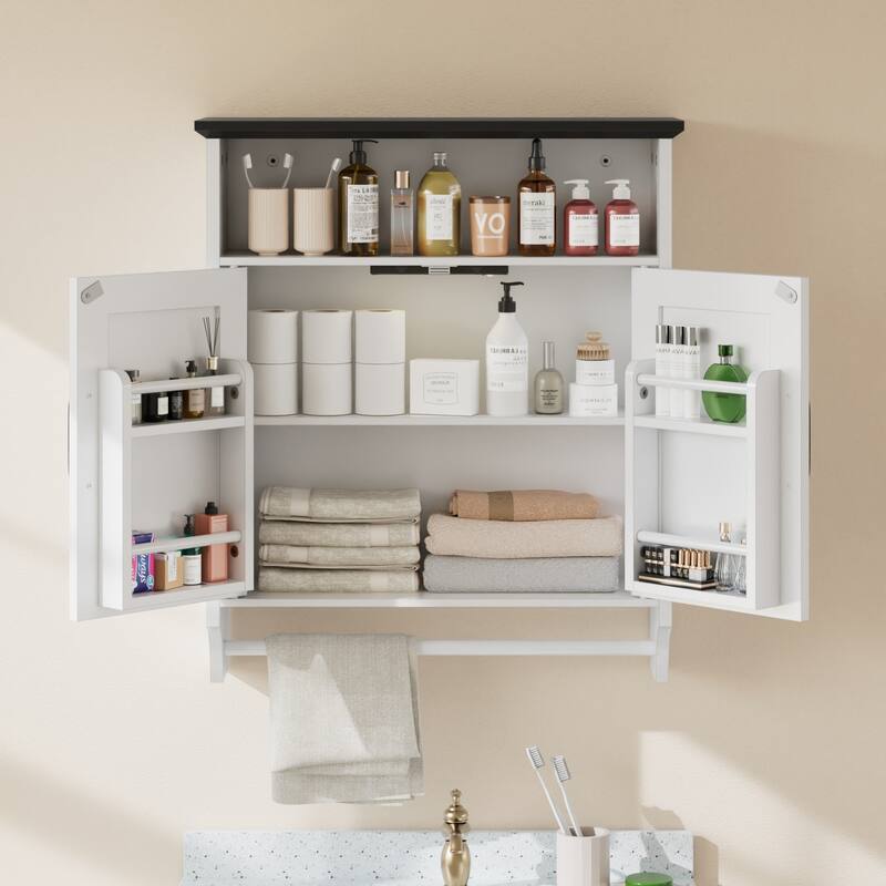 VECELO White Wall Mounted Cabinet with Adjustable LED Sensor Light Towel Bar Bathroom Kitchen Storage Organizer for Small Spaces