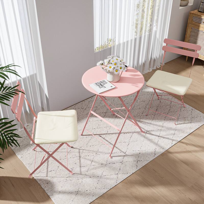 3 Pieces Patio Bistro Balcony Metail Chair Table - Chair:16.5"L * 18.1"W * 32.6"H - Pink