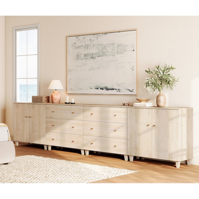 Wood Dresser with 6 Drawers and 2 Cabinets for Bedroom, 142" Wide - Light Oak