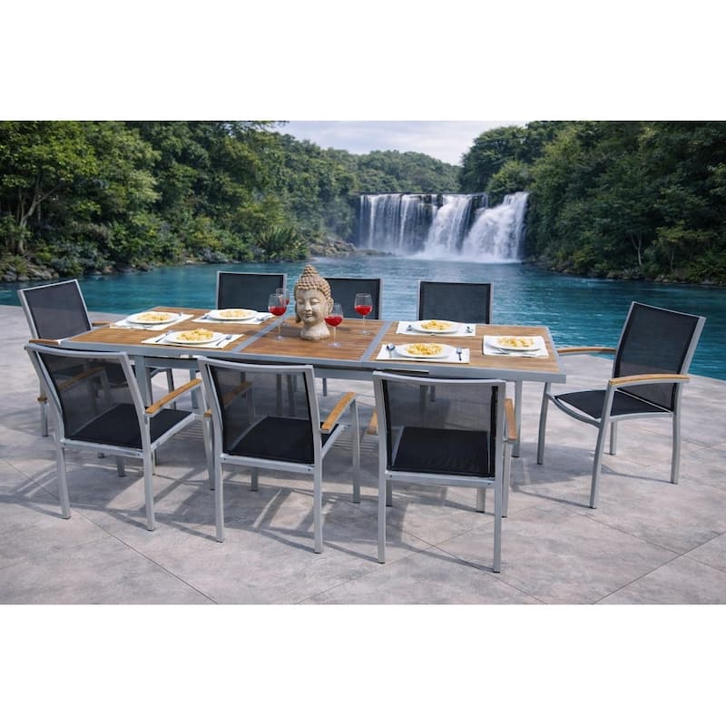 Luna Light Grey 9-Piece Aluminum Outdoor Dining Set with Sling Set in Black - N/A