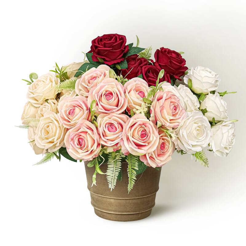 Set of 2 Cream Artificial Royal Rose Flower Stem Bush Bouquet 17in - 17" L x 11" W x 11" DP