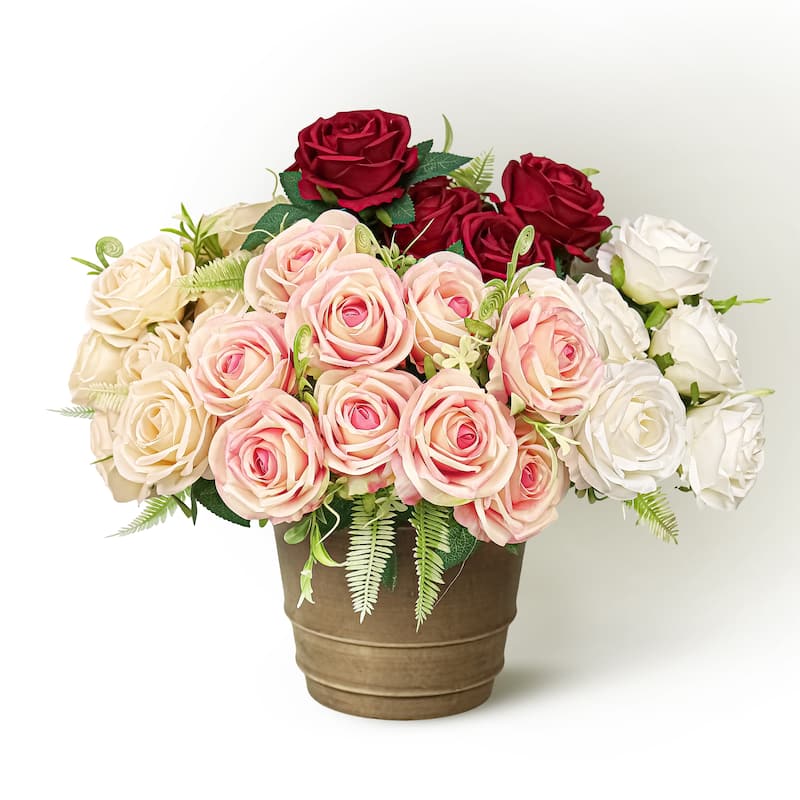 Set of 2 Pink Cream Artificial Royal Rose Flower Stem Bush Bouquet 17in - 17" L x 11" W x 11" DP