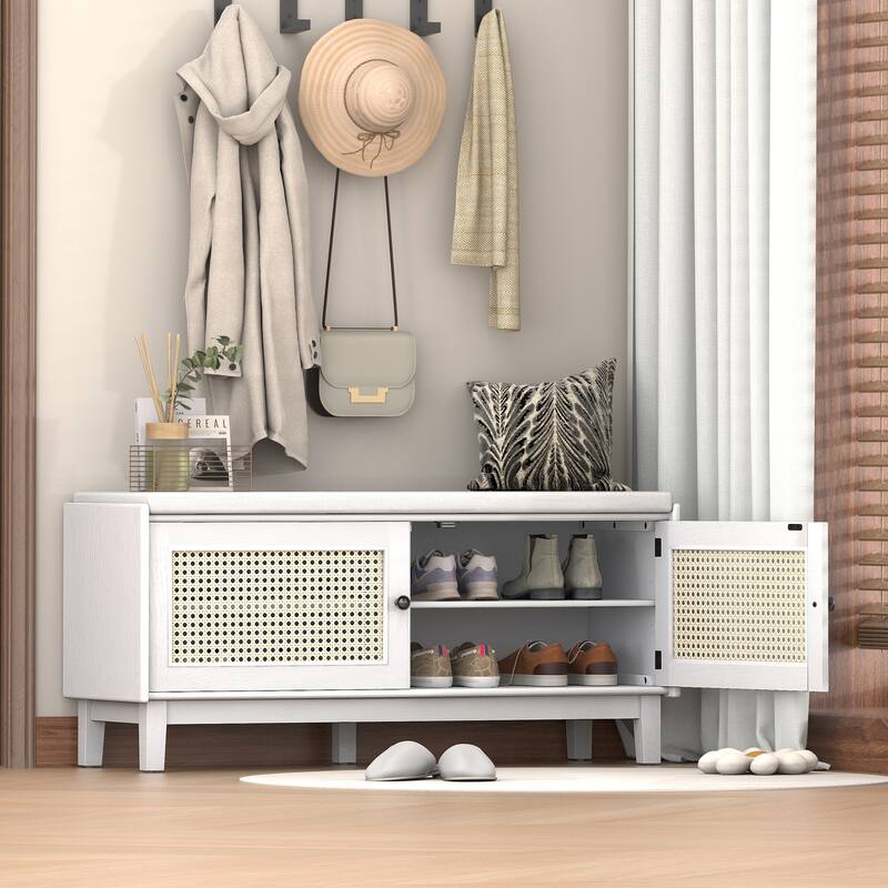 Boho Rattan Entryway Storage Bench with Double Doors