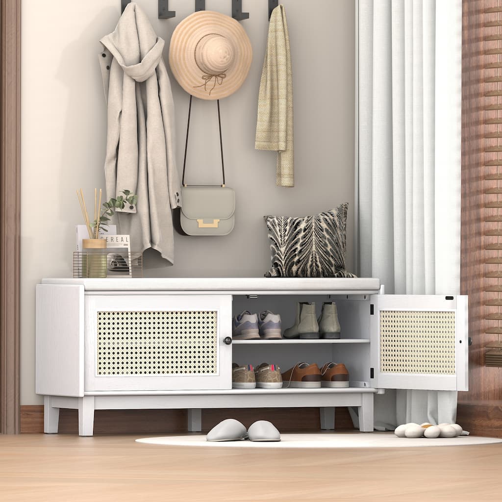 Rattan Entryway Bench Shoe Bench with Storage, Indoor Bench Lounge Bench Beige White Ottoman Window Bench