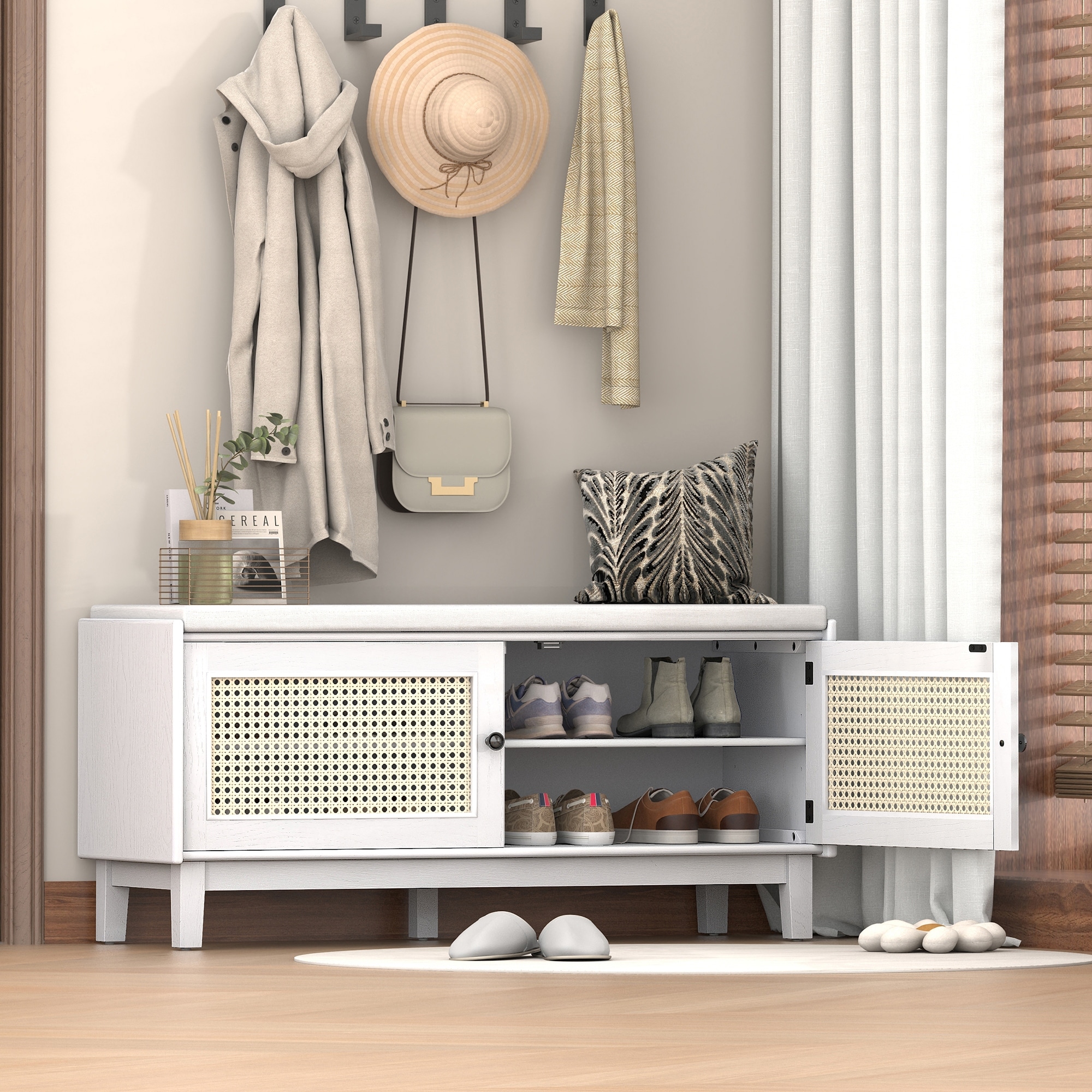 Rattan Entryway Bench Shoe Bench with Storage, Indoor Bench Lounge Bench Beige White Ottoman Window Bench