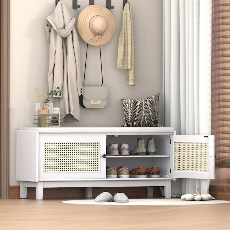 Rattan Entryway Bench with Storage, Cushioned Shoe Bench with Double Doors, Wooden Shoe Organizer Bench for Entryway