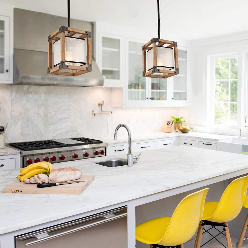 Anmytek 1-Light Farmhouse Wood Square Pendant Light Fabric Shade Kitchen Island Lights for Dining Room - 8" L x 8" W x 10" H