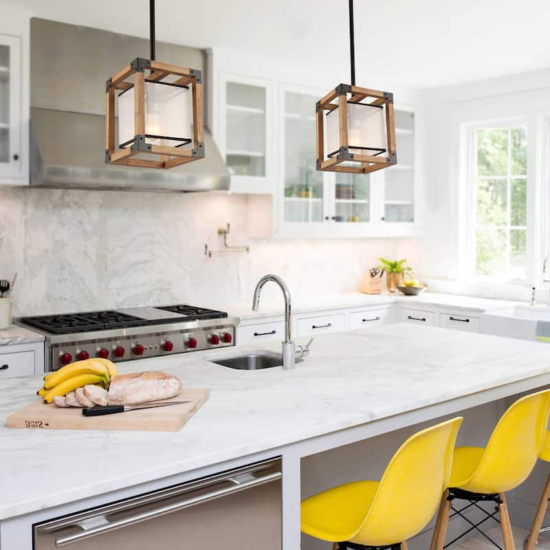 Anmytek 1-Light Farmhouse Wood Square Pendant Light Fabric Shade Kitchen Island Lights for Dining Room - 8" L x 8" W x 10" H - 8" L x 8" W x 10" H