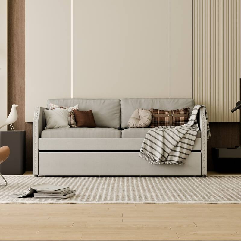 Modern Twin Size Upholstered Daybed with Trundle, Light Gray Fabric Sofa Bed with Plywood Slats and Nailhead Trim