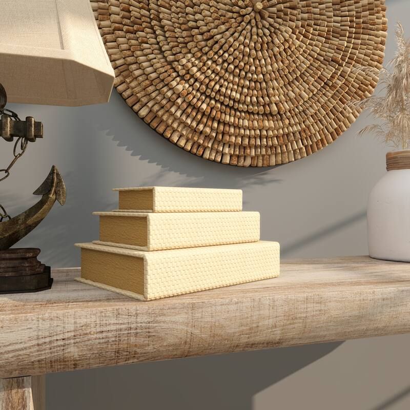 Cream, Black, Copper, Beige or Brown Faux Leather Woven Faux Book Storage Decorative Box (Set of 3)