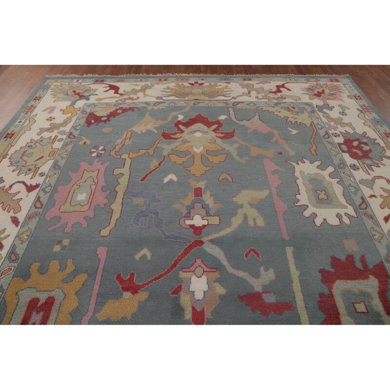 Floral Blue Oushak Area Rug Handmade Wool Carpet - 9'3"x 11'10"