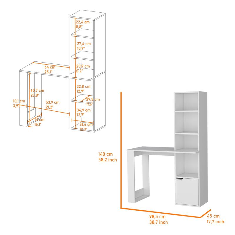 Peterson Computer Desk with 4-Tier Bookcase and 1-Door Cabinet White And Black