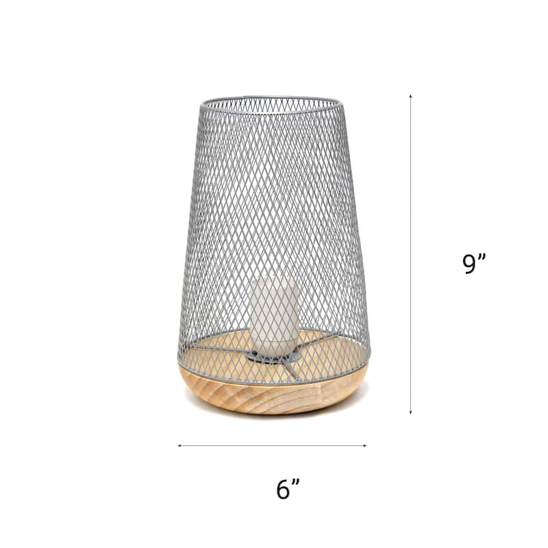 Metal Open Cage Mesh Table Lamp with Pine Wood Base - 6 x 6 x 9 in. (L x W x H)