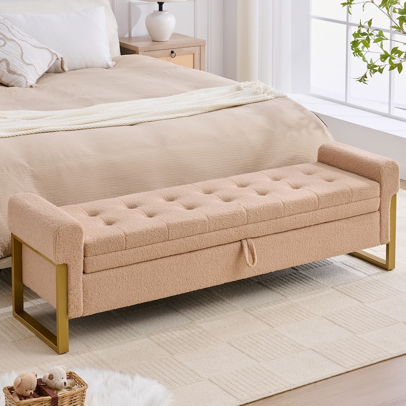 66" Storage Bench for Bedroom End of Bed with Single Lids and Gold Legs