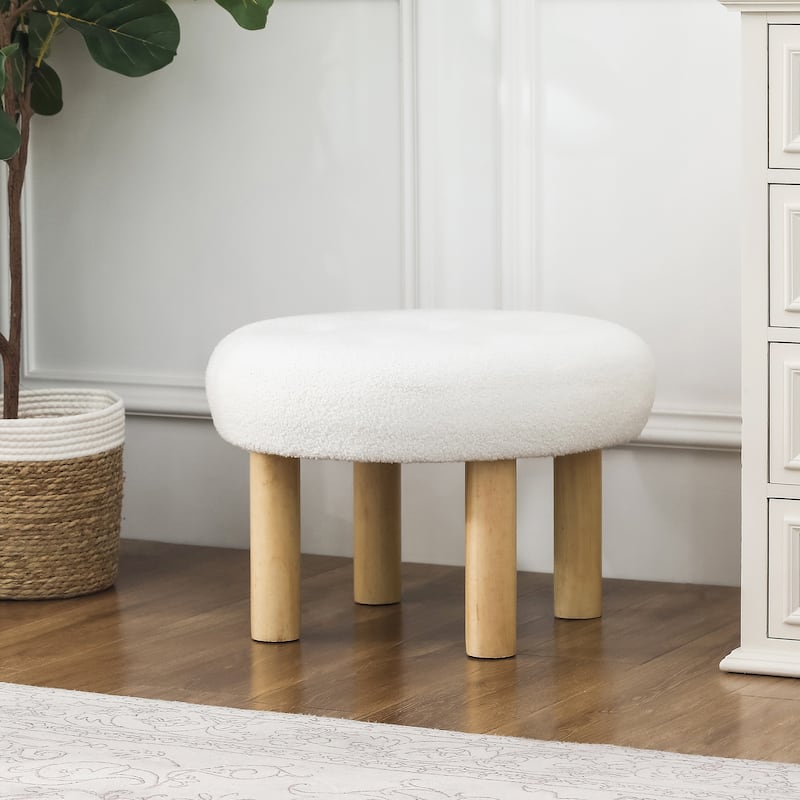 Adeco 23" Round Ottoman Footrest for Living Room - White-Teddy fleece