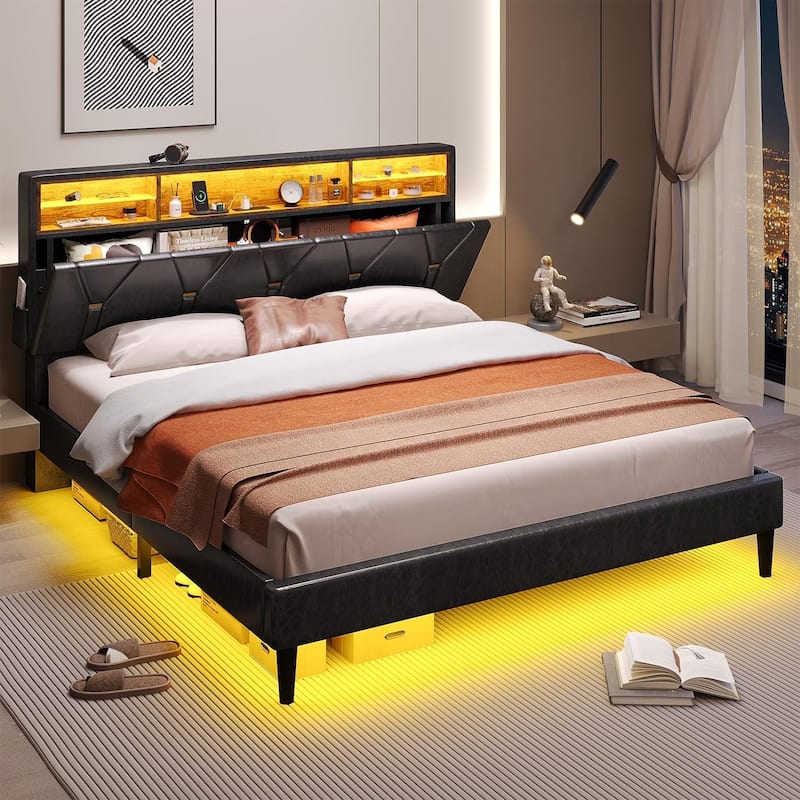 Bed Frame Storage Headboard RGB LED Lights Upholstered Platform - Black - Full