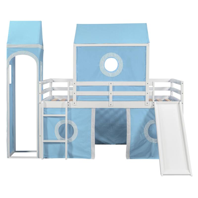 Loft Bed Castle-Shaped Kids Bed with Slide and Window, Tent and Tower, Lovely Kids Bed Playhouse Design for Your Children