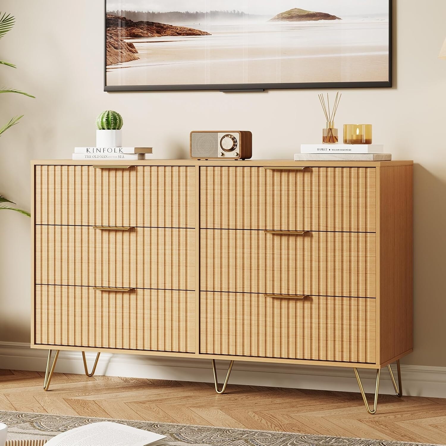 47.3" Wide 6 Drawer Fluted Dresser, Modern Wood Storage Cabinet Black