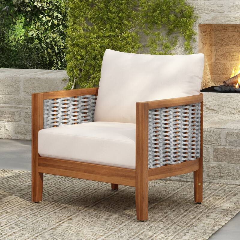 Christopher Knight Home - Lysander Outdoor Acacia Wood Tub Design Armchair with Woven Rope - 1 Piece - Teak Finish+ Beige Cushion