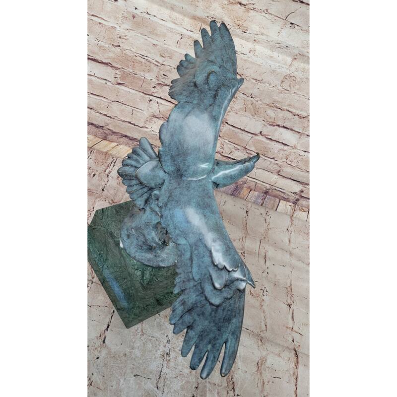 American Bald Eagle Wings Spread Green Bronze Sculpture Statue On Marble Base