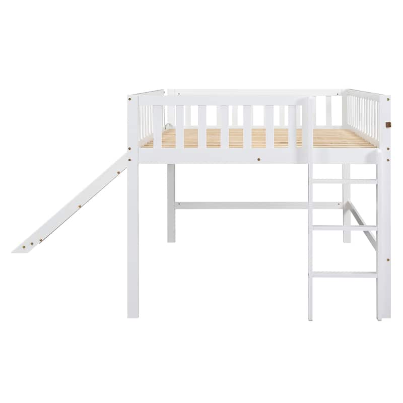 Full Size Low Loft Bed with Slide and Ladder, Space-Saving Design, White
