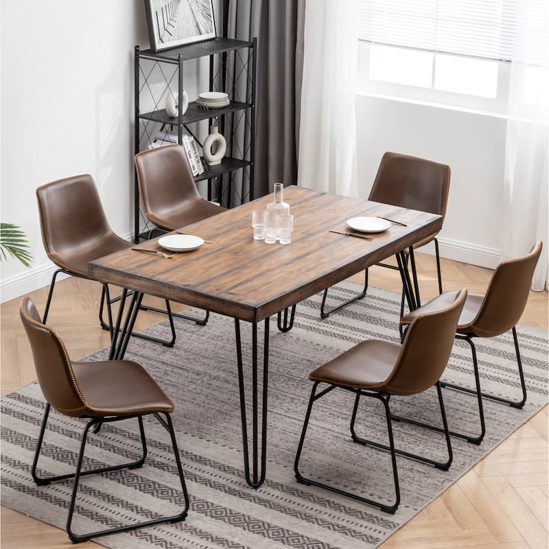 7-Piece Home Party Dining Table and Chair Sets with Sled Metal Legs and Rubber Footpads for Kitchen Dining Room - Brown