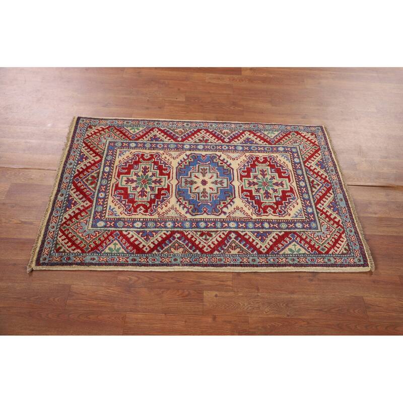 Geometric Kazak Oriental Accent Rug Handmade Bedroom Wool Carpet - 2'7" x 3'10"