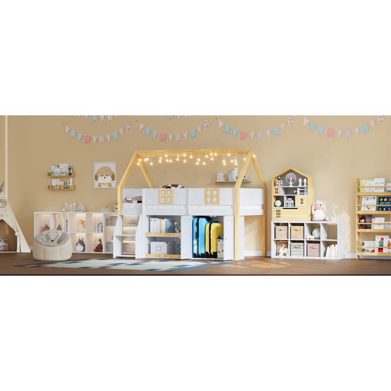 Roomfitters Twin/Full Low Loft Bed with LED Lights, Storage Staircase and Cabinets