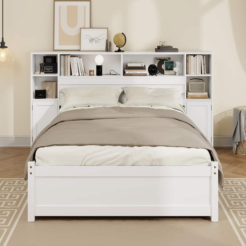 Twin/Full Size Wooden Storage Bed Frame with Bookcase Headboard and Charging Station, Platform Bed with 6 Drawers