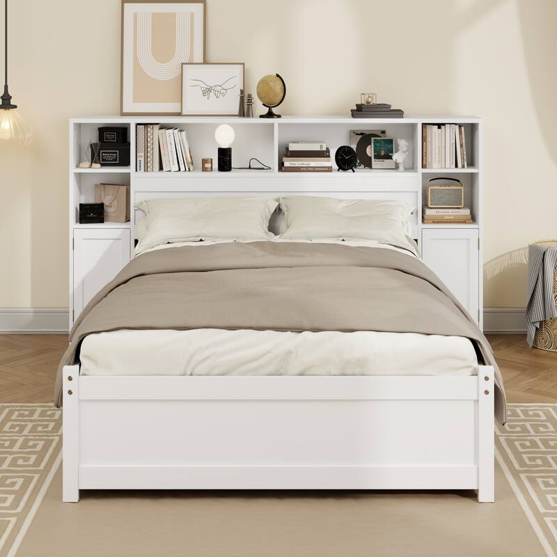 White Wooden Storage Bed with Tall Extended Bookcase Headboard