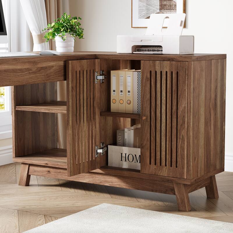 57'' Wood L-Shaped Corner Computer Desk Writing Table with Cabinet