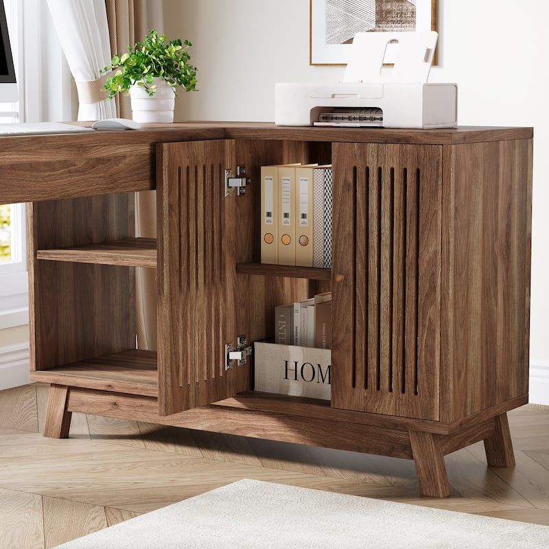L-Shaped Desk with Storage Cabinet, 57-Inch Wood Corner Workstation