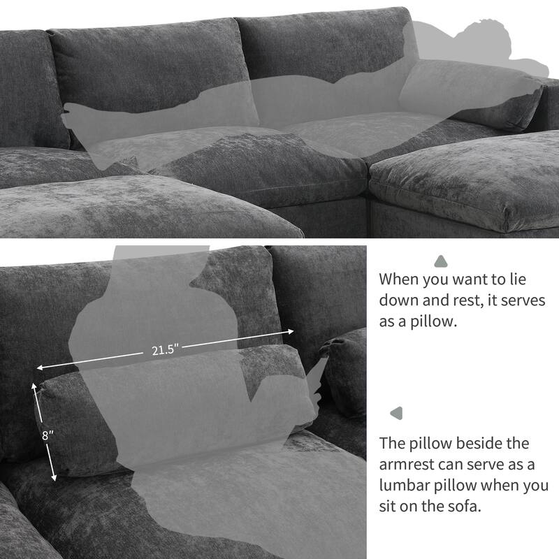 86.5" Chenille Modular Sofa with Storage Pockets, Movable Ottomans