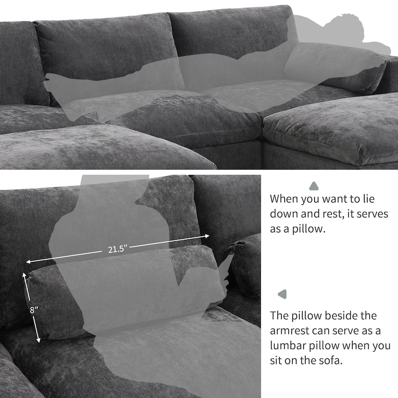 86.5'' U-Shaped Sectional Sofa with Storage Pockets and Movable Ottoman, 5-Seat Chenille Cloud Sofa for Living Room