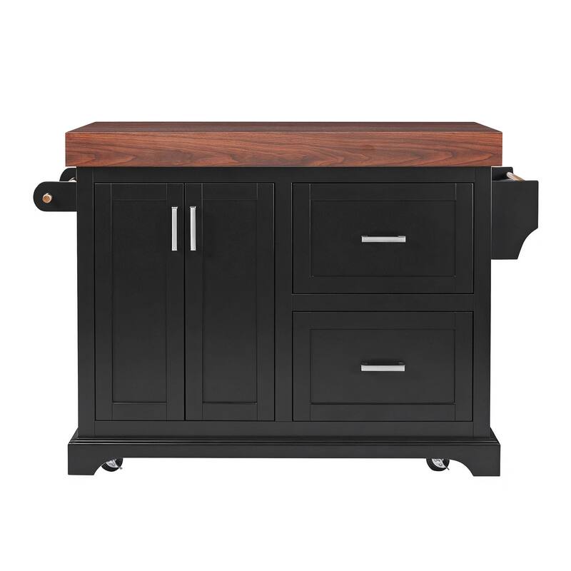 53" Large Kitchen Island with 3.5" Thick Desktop, Spice and Towel Racks, Kitchen Island with Storage on 5 Wheels, 2 Drawers