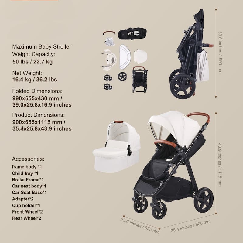 Oxford Aluminum Stroller with Bassinet and Adjustable Canopy - 35.4” L x 25.8” W x 43.9” H