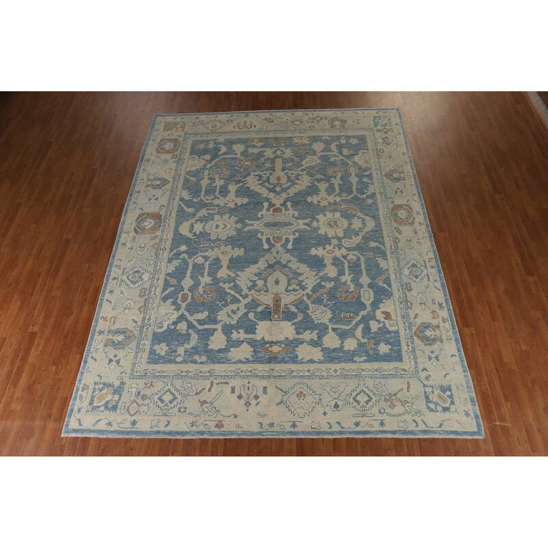 Hand Knotted Oriental 100% Wool Carpet Transitional All-Over Navy Blue & Blues Oushak Area Rug - 12' 5'' X 9' 9''