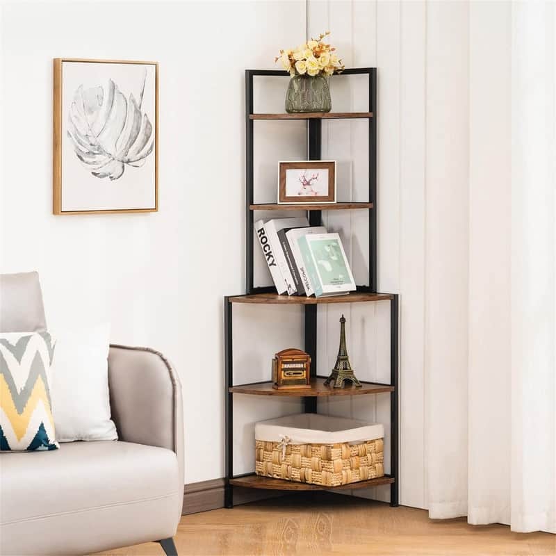 Corner Shelf - 16.6"D x 16.6"W x 57"H - Rustic Brown