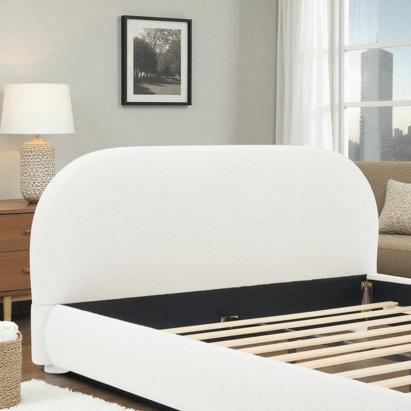 Modern Fabric Upholstered Bed with Curved Headboard, Strong Metal Frame, Queen/King Size Platform Bed