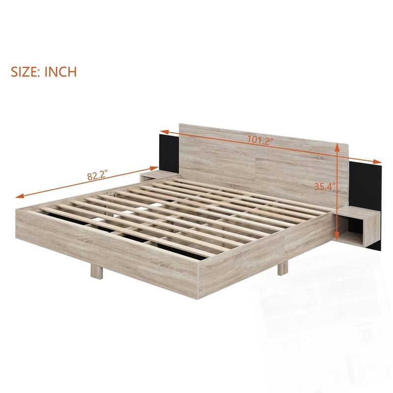 Wooden Floating Platform Bed, with LED Lights and Bedside Nightstand