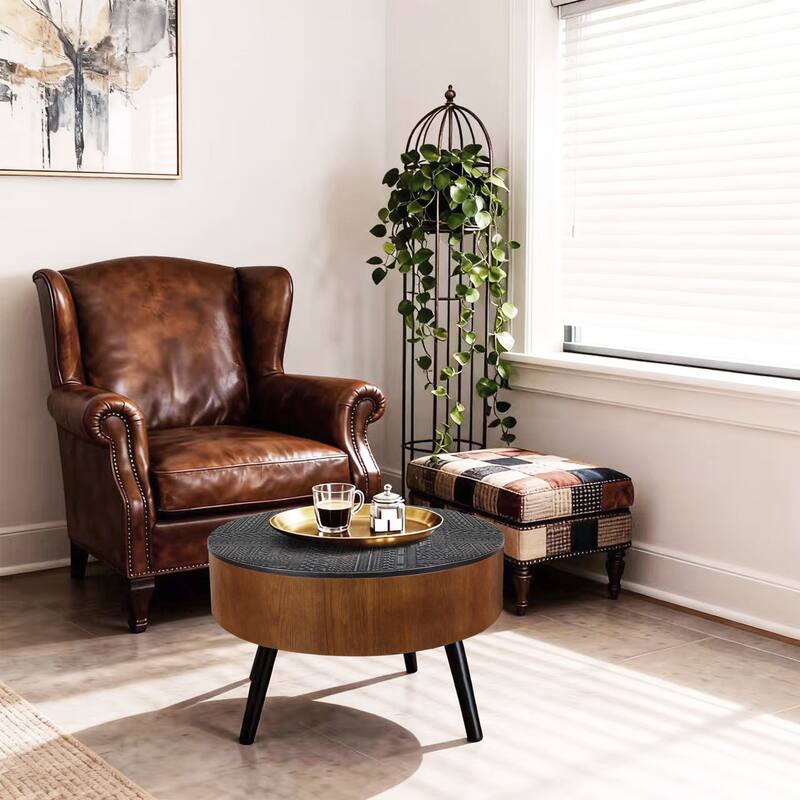 Rossetta 31.5'' American Country Style Decorative Round Coffee Table with Uniquely Carved Tabletop and Solid Wood Legs