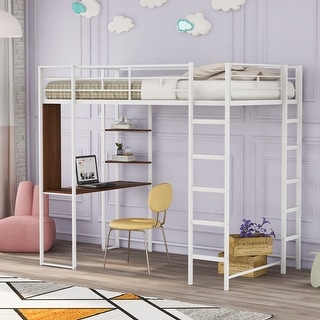White Twin Size Metal Loft Bed with Ladder, Fence, 2 Shelves and Desk for Bedroom