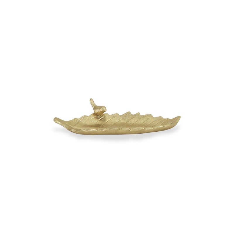 HomeRoots 10" Gold Cast Iron Leaf Vanity Tray - 9.50 in. x 1.50 in. x 4.00 in.