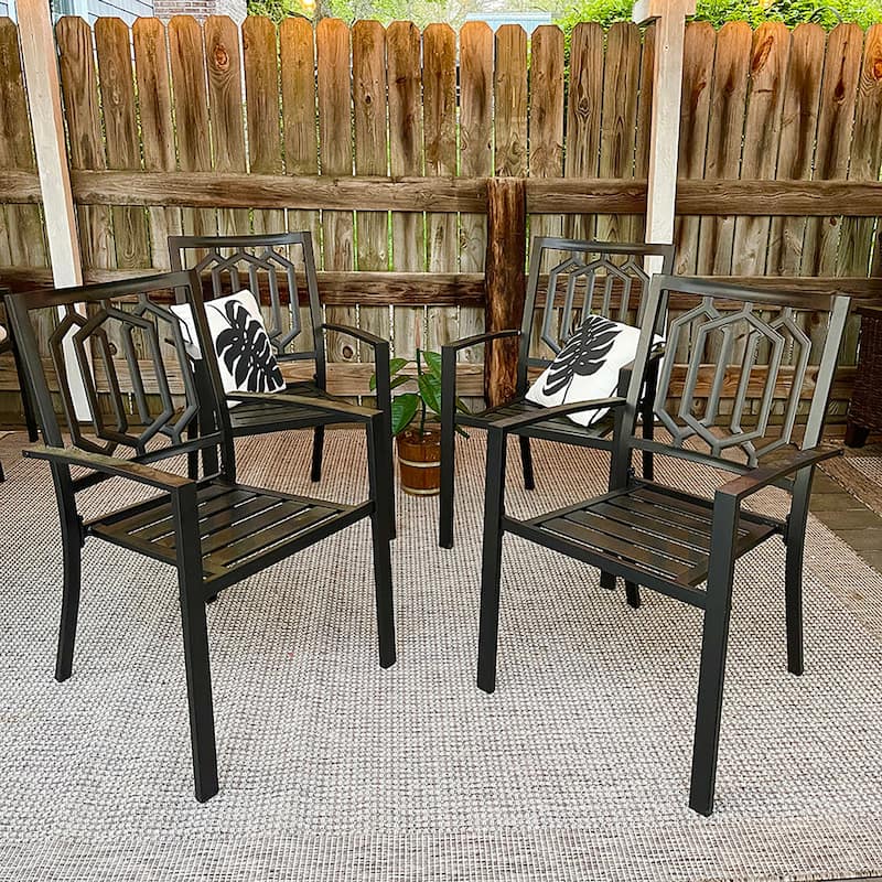 MAISON ARTS Black Steel Slat Seat Outdoor Dining Armchairs (Set of 4)