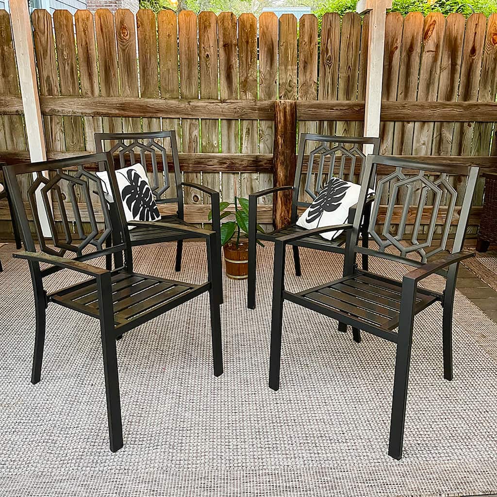 MAISON ARTS Black Steel Slat Seat Outdoor Dining Armchairs (Set of 4)