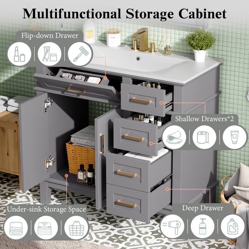 36" Modern Bathroom Vanity with Ceramic Sink, 4 Drawers, 2 Doors, Soft Close, Solid Wood Frame, Freestanding Design