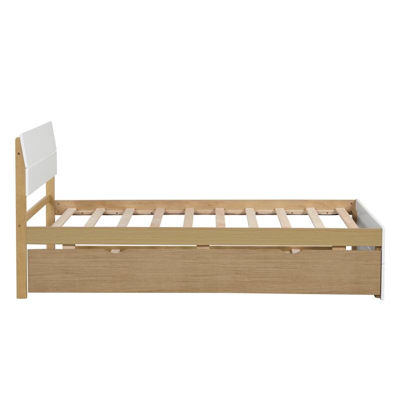 Twin Platform Bed with Trundle, High Gloss Headboard and Footboard