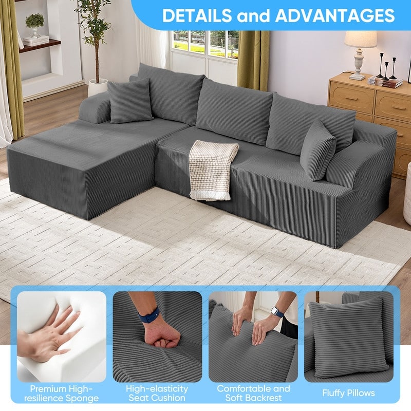 Mixoy 2-Pcs Free Combination Modular Sectional Sofas with Deep Seat,Corduroy L-Shaped Sofa with Chaise Lounge - 3-Seater