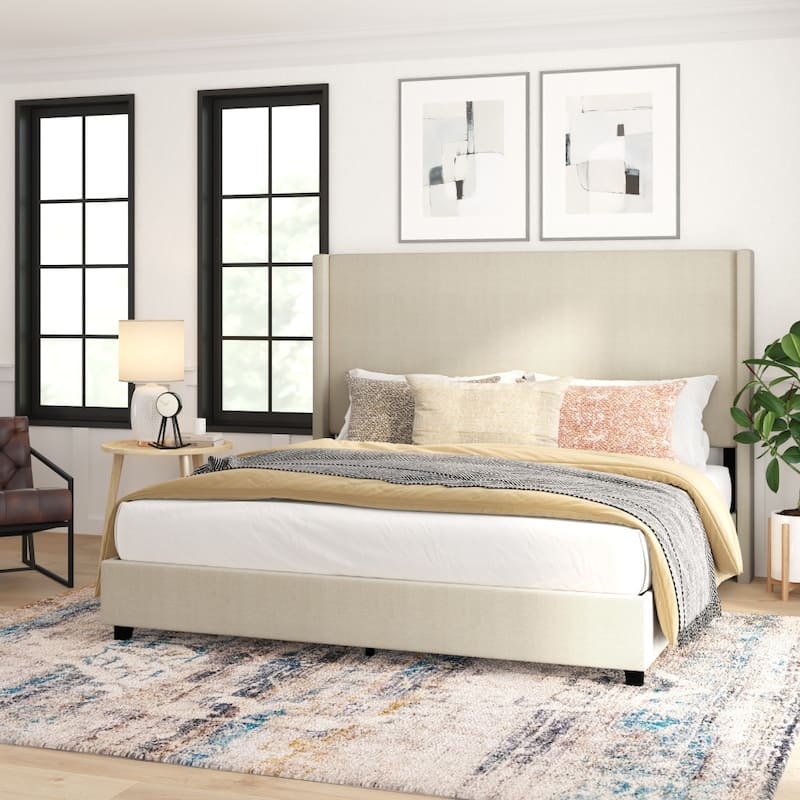 Upholstered Platform Bed with Channel Stitched Headboard - Beige - King
